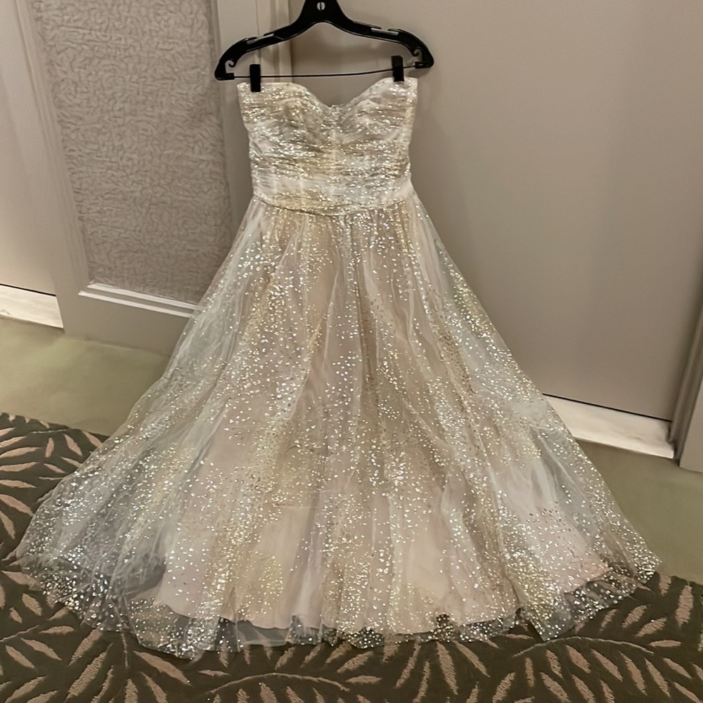 Monique Lhuillier Dress Glittery Strapless Chiffon Dress tea length size 10 - Picture 13 of 17